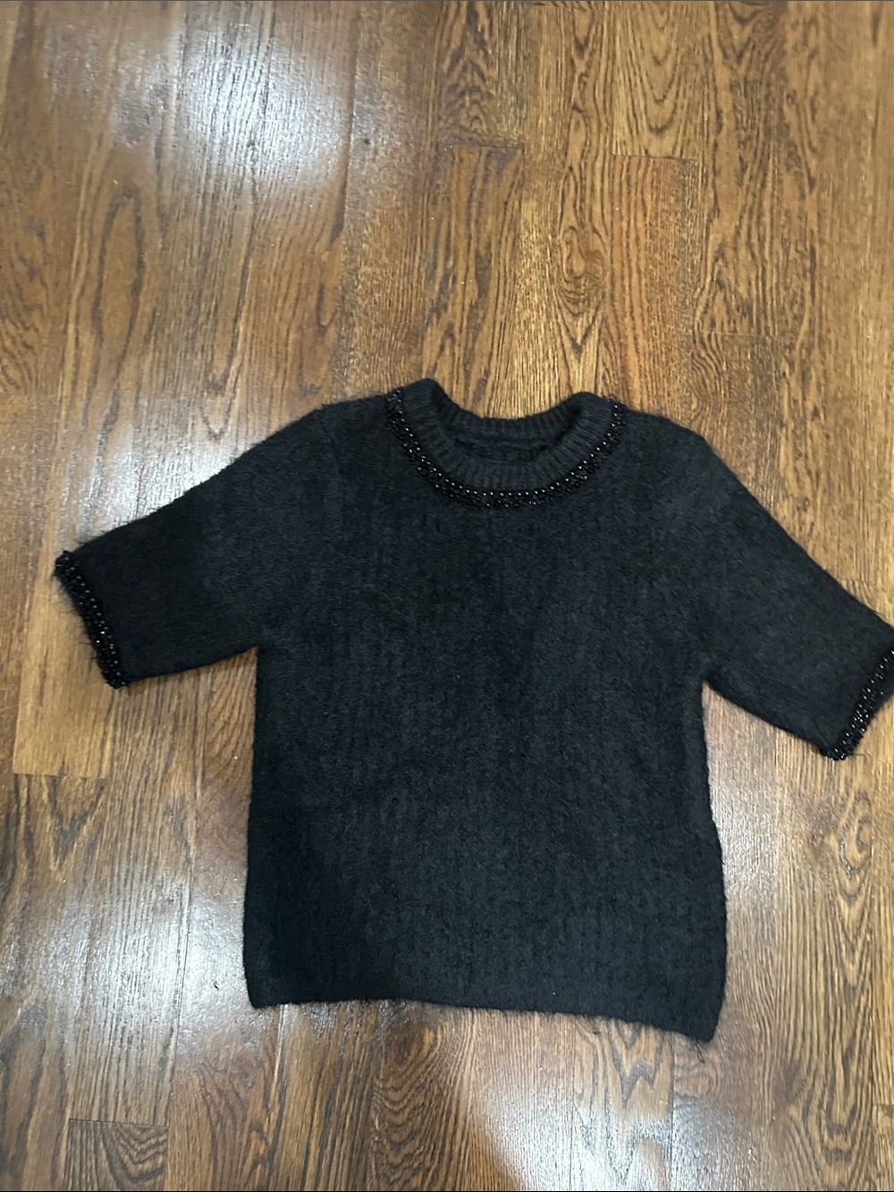 Zara Black Short-Sleeve Beaded Crewneck Sweater